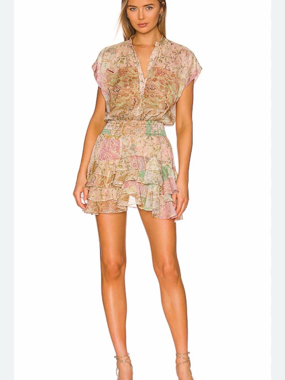 MISA Los Angeles Evie Button-Front Smocked Tiered Mini in Printemps Patchwork